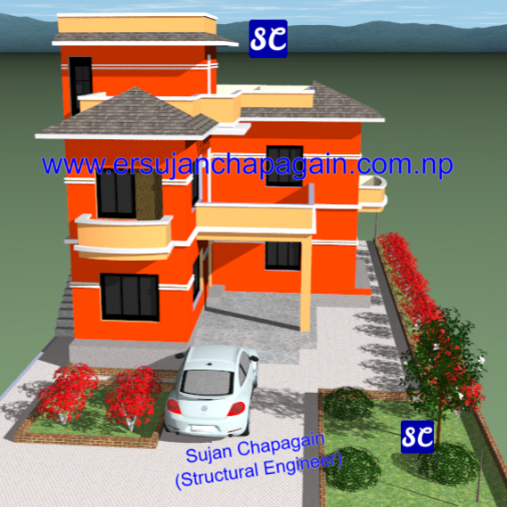 Residential pagoda roof house building SketchUp 3D view front in Nepal