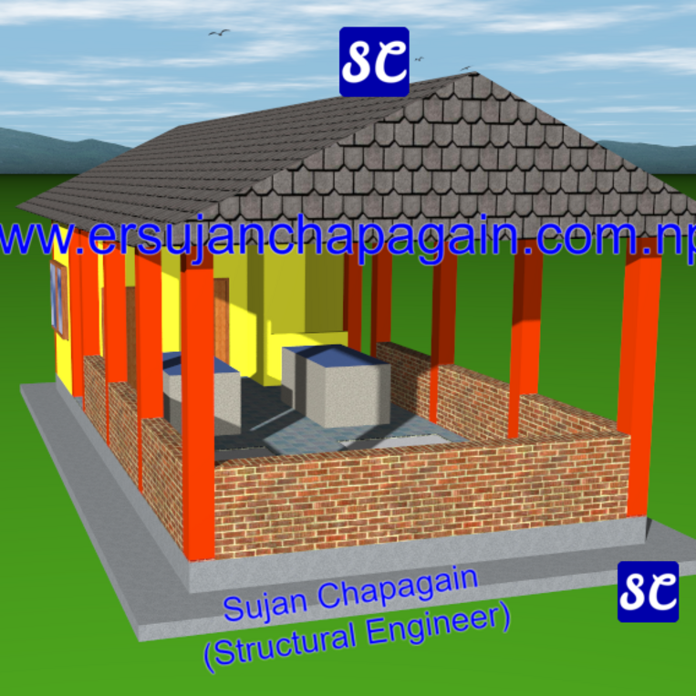 Steel structure of open cafe/restaurant with truss and steel columns 3D model view from front and side