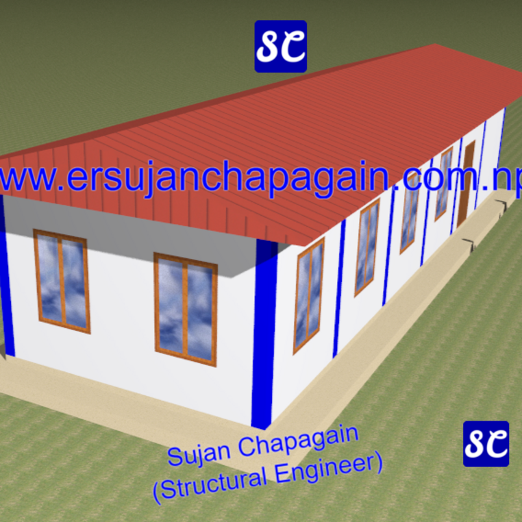 Steel structure of canteen with truss and steel columns 3D model view from side and back