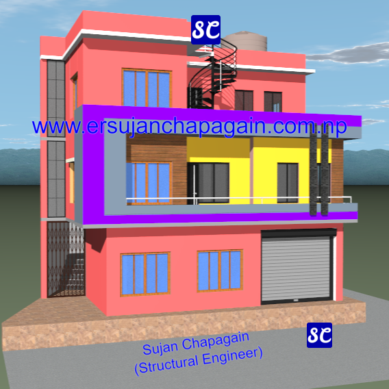 Residential house cum commercial shutter building SketchUp 3D view front in Nepal