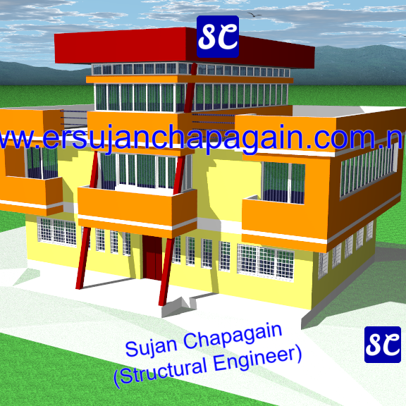 Concrete office building SketchUp 3D view front and right in Nepal